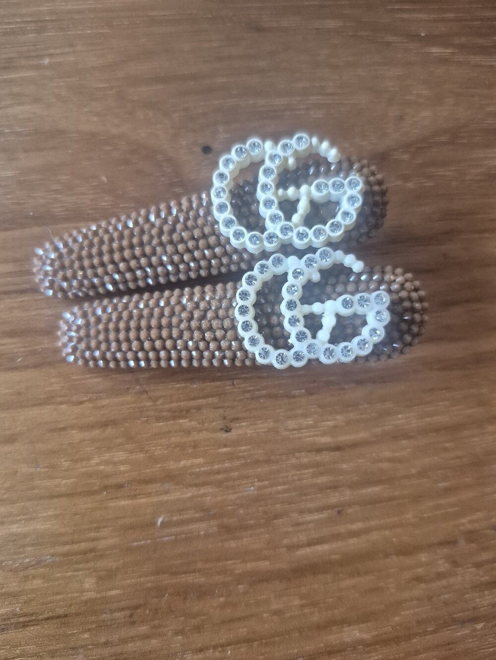 Brown Beaded Hair Clips with White Rhinestone Accent